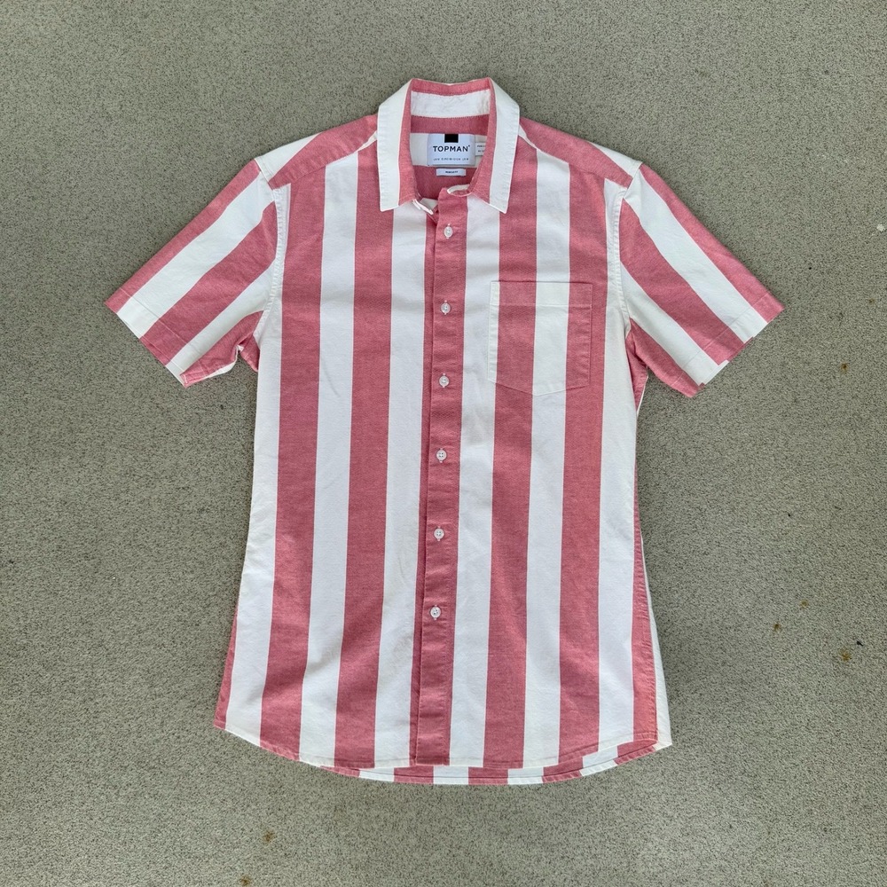 Topman Muscle Fit Mens Medium Shirt - Red-White Striped Button Down